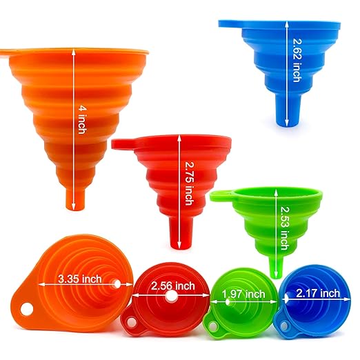 4-Pack Collapsible Silicone Kitchen Funnel Set | Small & Large Sizes for Bottles, Liquid Transfer, Cooking | Dishwasher Safe & Space-Saving Design