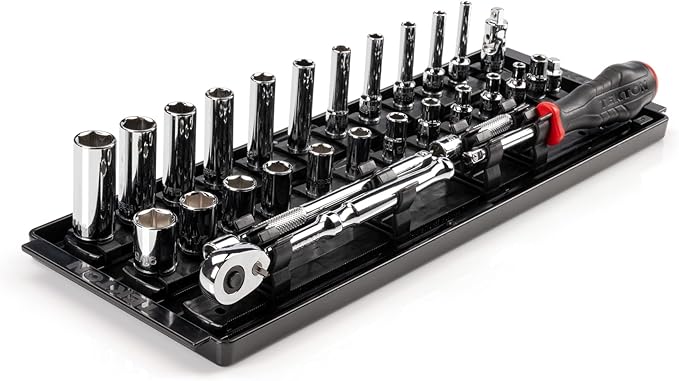 TEKTON 1/4 Inch Drive 6-Point Socket and Ratchet Set with Rails and Tray, 29-Piece (5/32-9/16 in.) | SKT03101