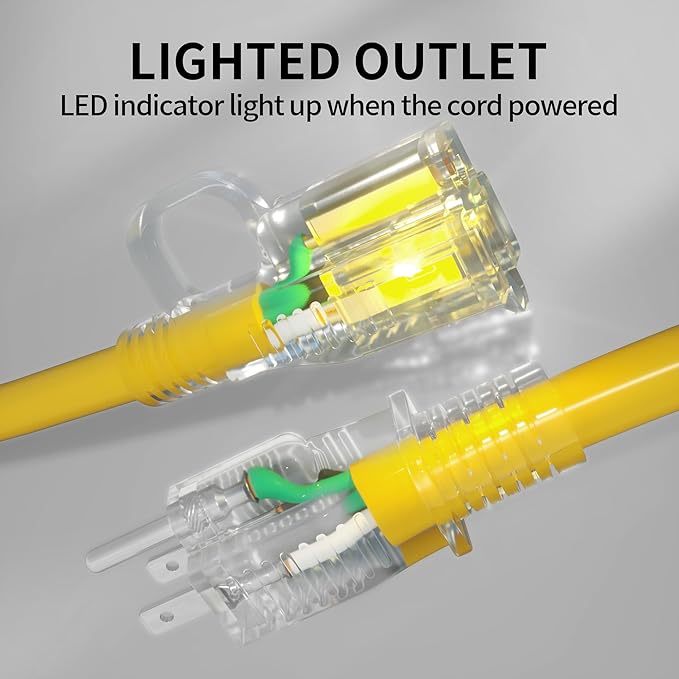 POWGRN 50 ft 12/3 Outdoor Extension Cord Waterproof Heavy Duty with Lighted Indicator End 12 Gauge 3 Prong, Flexible Cold-Resistant Long Power Cord Outside, 15Amp 1875W SJTW Yellow ETL Listed