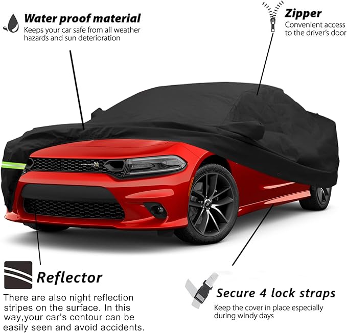 YIXIN Waterproof Car Cover for 2006-2026 Dodge Charger SE SXT R/T Daytona SRT Hellcat Car Cover 190T Covers Custom Fit 100% Waterproof Windproof Strap & Double Door Zipper Up to 205” L (Black)