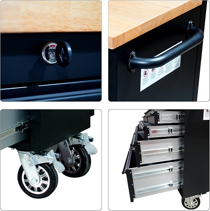 CHETTO C 72-inch Rolling Tool Chest Cabinet Mobile Workbench Black Tool Box with 3 Upper Cabinet 15 Storage Drawers Wheels Outlet SS Pegboard for Warehouses