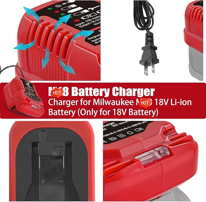 Replacement Charger for Milwaukee M18 18V, Battery Adapter for Milwaukee 18V Lithium-Ion Tools Battery Power Charger
