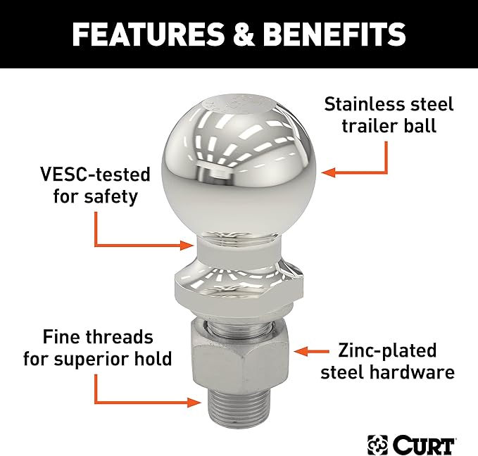 CURT 40056 Stainless Steel Trailer Hitch Ball, 10,000 lbs, 2-Inch Diameter, 1-1/4 x 2-5/8-Inch Shank, Metallic