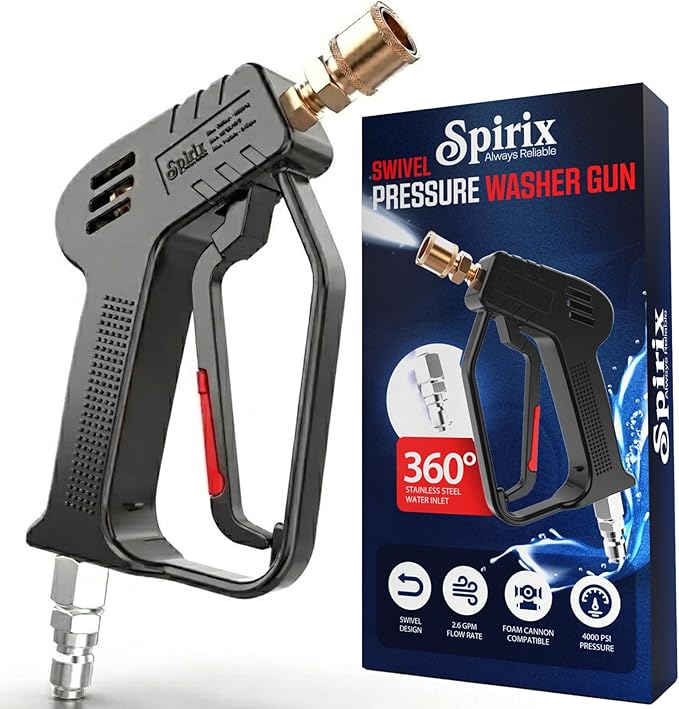 SPIRIX Stubby Pressure Washer Gun - 4000 PSI Short Power Washer Gun with 360° Swivel, 3/8" Quick Connect, Heavy Duty Spray Handle for Foam Cannon Car Wash Detailing