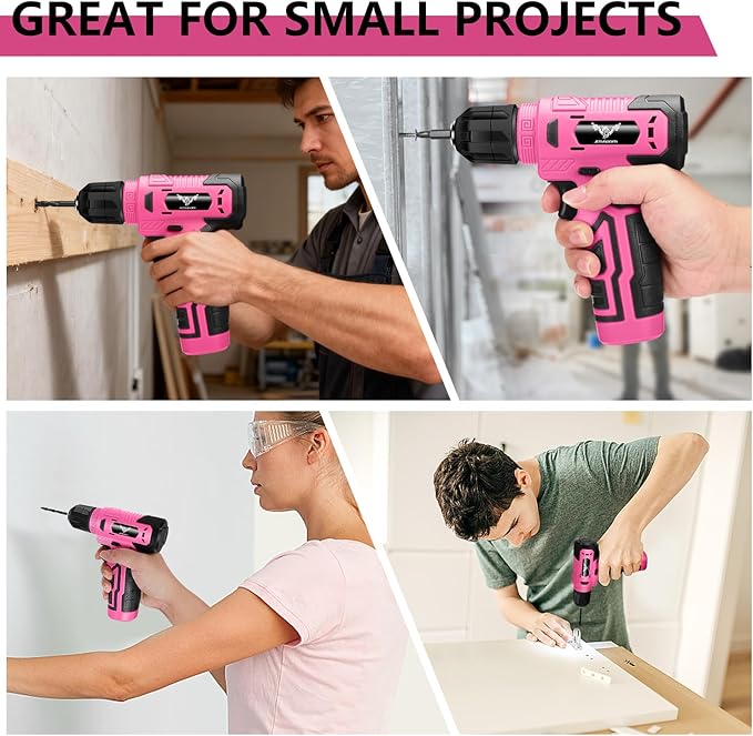 8V Cordless Drill, Electric Screwdriver for Women, Pink Drill Set with 3/8"Keyless Chuck, Built-in LED, Type-C Charge Cable, Variable Speed Trigger