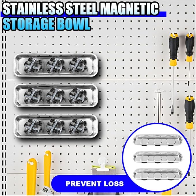 3PCS Magnetic Tray Holder, Stainless Steel Extra Strong Magnetic Bowl Parts Tray Set for Screws, Nuts, Bolts, Sockets, Pins – Mechanic Tool Metal Parts Organizer for Automotive Repair (Rectangular)