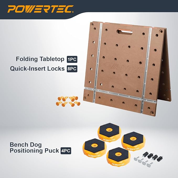 POWERTEC 72304 Arachni Flex 24" x 48" Foldable Workbench Tabletop w/4PK Bench Dog Puck - Portable Work Surface w/Pre-drilled Dog Holes, T-Tracks & Quick-Insert Locks for Woodworking