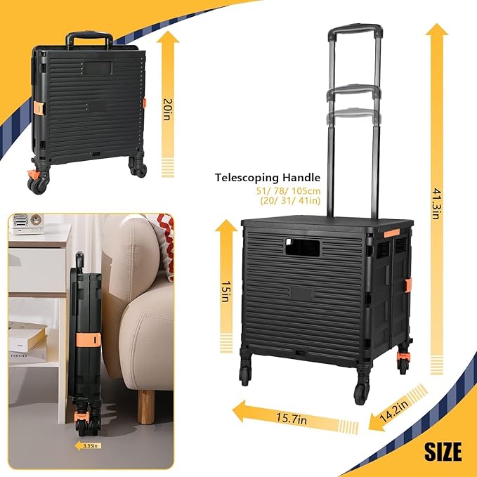Foldable Utility Cart Folding Portable Rolling Crate Handcart Handcart Shopping Trolley Wheel Box with Lid,360°Rotate Wheels,Heavy Duty Durable Dolly Cart for Teacher Tourist Shopping Office Outdoor
