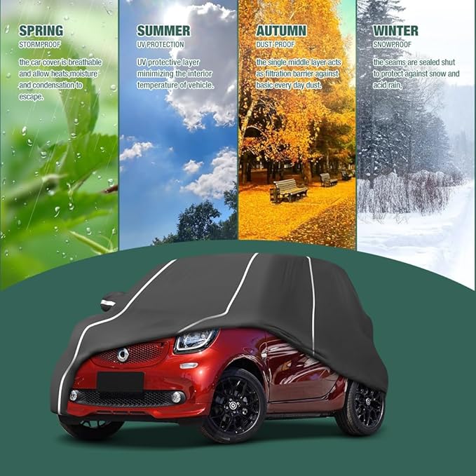 Fluorescent Strip Design 6 Layers Waterproof Car Cover Compatible for Smart Fortwo 2007-2022 All Weather Full Car Cover with Storage Bag