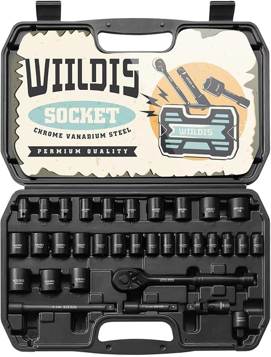 WIILDIS Impact Socket Set, 33-Piece, 3/8" Drive Socket Set with 72 Teeth Reversible Ratchet Wrench, CR-V, 6 Point, SAE/Metric, 5/16 Inch - 7/8 Inch, 6mm - 24mm, Mechanic Tool Kits for Men