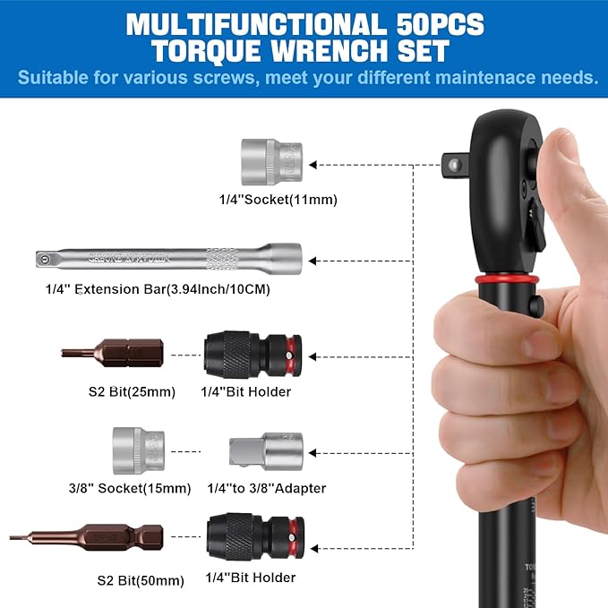 1/4" 50 PCS Torque Wrench Set, 3-25Nm 72 Tooth Drive Click Torque Wrench Set with S2 Bit Sockets, 1/4" Extension Bar and 3/8" Adapter, Used for Bicycle Maintenance and DIY
