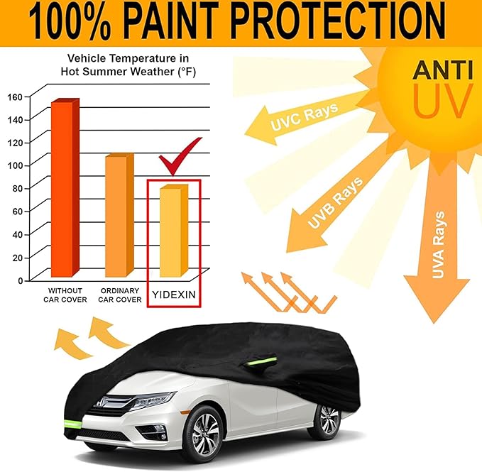 YIXIN Waterproof Car Cover Cover for 2005-2026 Honda Odyssey Minivan 190T Custom Fits 100% Water Resistant Wind Belt and Single Door Zipper, Up to 205" L (Black-for Honda Odyssey)