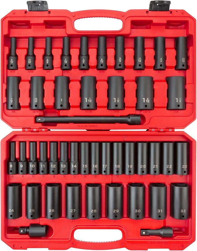 TEKTON 1/2 Inch Drive Deep 6-Point Impact Socket Set with Case, 45-Piece (5/16-1-1/4 in., 8-32 mm) | SID92404