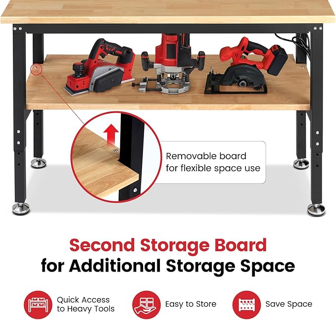 ENJOYWOOD 60" x 22" Adjustable Height Workbench with Under Table Shelf Heavy Duty Rubberwood Top Work Table for Garage, Workshop, Office & Home
