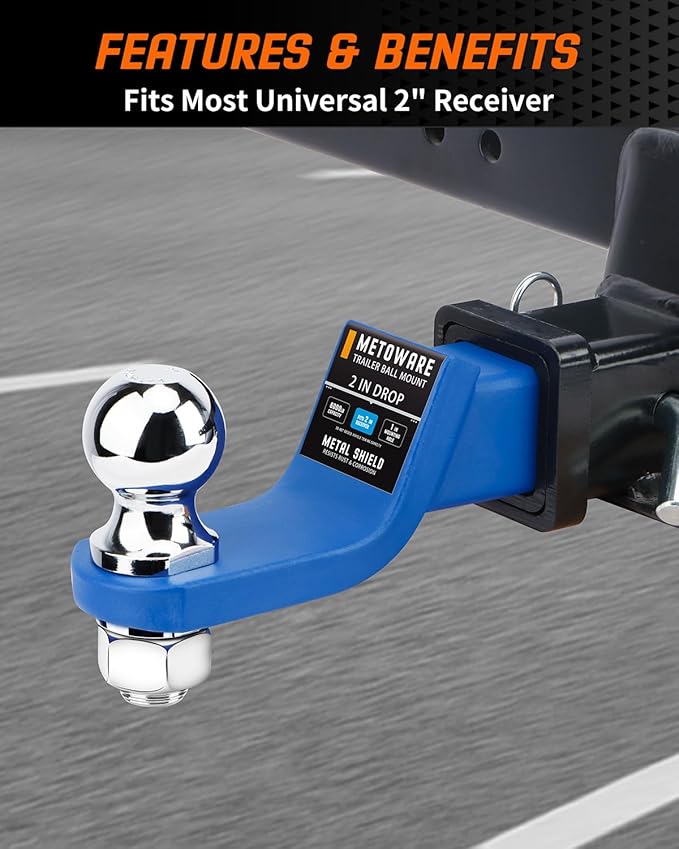 METOWARE Trailer Hitch Ball Mount, 2" Drop Hitch with 2" Ball, 6,000 lbs GTW Fits 2" Receiver for Truck SUV Boat RV, Solid Steel Towing Kit with Hitch Pin & Clip, Matte Pacific Blue
