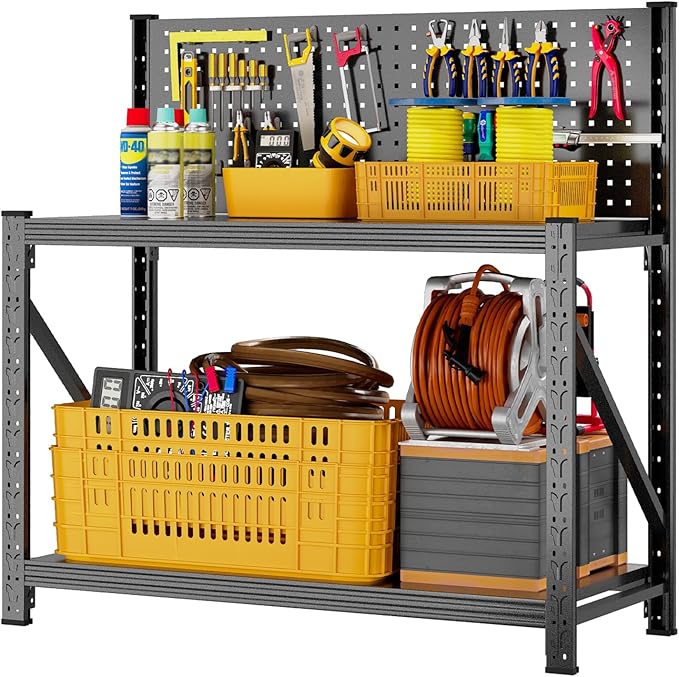 Widened Heavy Duty Workbench with Pegboard, 3000LBS Capacity Work Table with Reinforce Stable Side Beams, Metal Workstation for Garage Warehouse Workshop Office, 47.2" H x 47.2" W x 18.9" D, Black