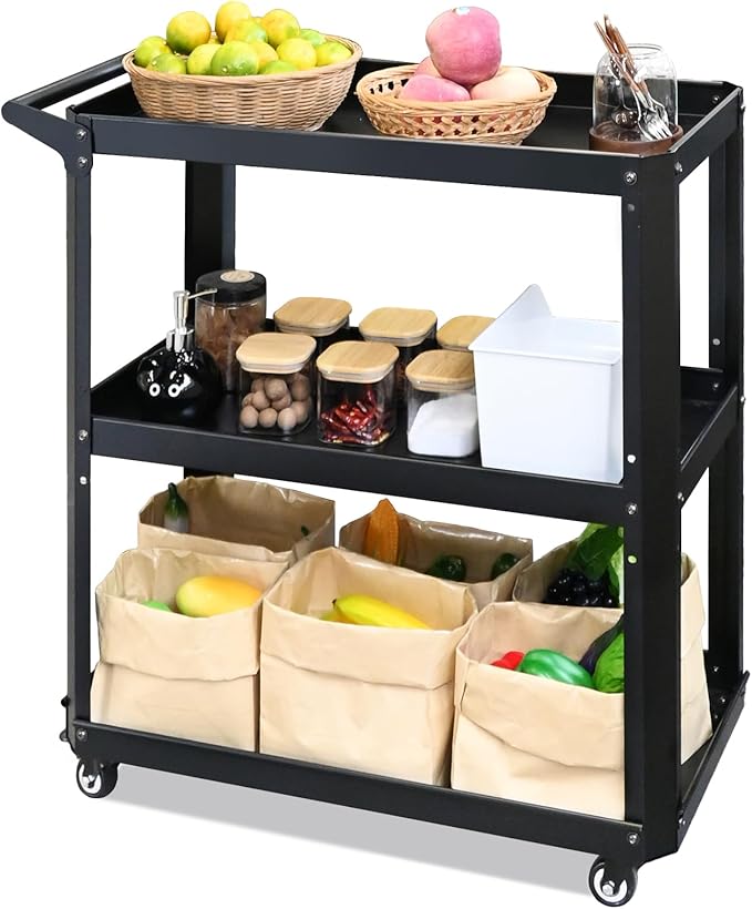 3 Tier Metal Utility Rolling Cart with Wheels, Heavy Duty Storage Organizer Trolley Cart for Kitchen, Bathroom, Office, Bedroom – Multi-Purpose 330Lbs Capacity Utility Cart on Wheels, Black