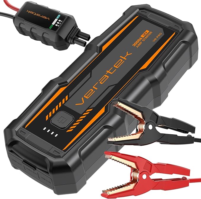 ReelCharge - Veratek V8 Pro 3000A Car Battery Jump Starter Portable (8.0L Gas & 6.0L Diesel) – 12V Lithium Battery Booster Pack with SmartCharge Safety, Jumper Cables, 20000mAh Power Bank, Jump Box.