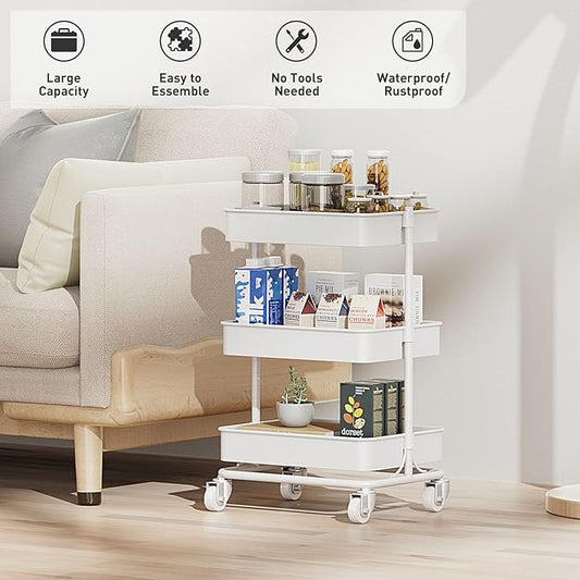 3-Tier Modern Metal Rolling Utility Cart with Silent Casters, 15.35x11.81x23.74 inch Heavy Duty Organizing Cart Trolley Organizer for Office, Living Room, Kitchen，(White)