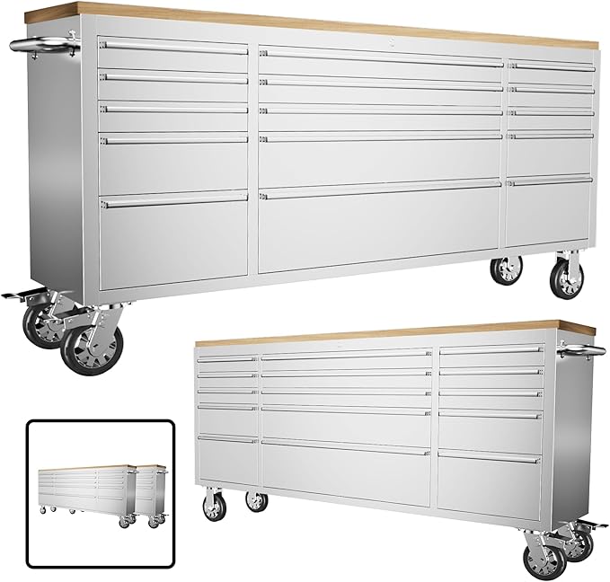 CHETTO C 72" Tool Cabinet Chest with 15 Drawers Mobile Rolling Workbench Large Tool Box Lockable Storage Cabinet with Wheels for Garage Workshop Stainless Steel 2 Pack