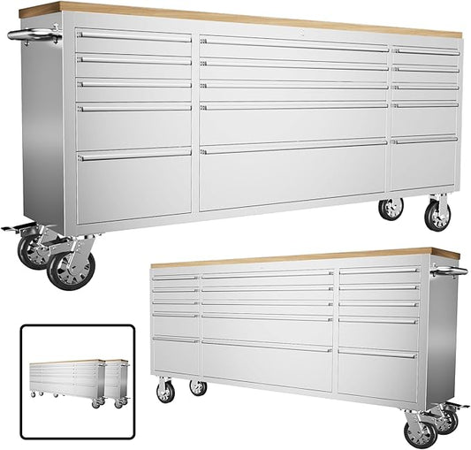 CHETTO C 72" Tool Cabinet Chest with 15 Drawers Mobile Rolling Workbench Large Tool Box Lockable Storage Cabinet with Wheels for Garage Workshop Stainless Steel 2 Pack