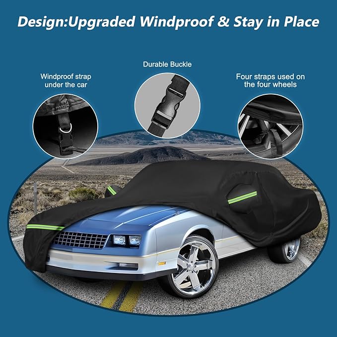 Car Covers for Chevy Monte Carlo 1970-1972/1978-1988, 420D Oxford Cloth Sun Heat Protection Outdoor Full Covers with Driver Side Zipper Windproof Heavy Duty All Weather for 1970-1988 Monte Carlo