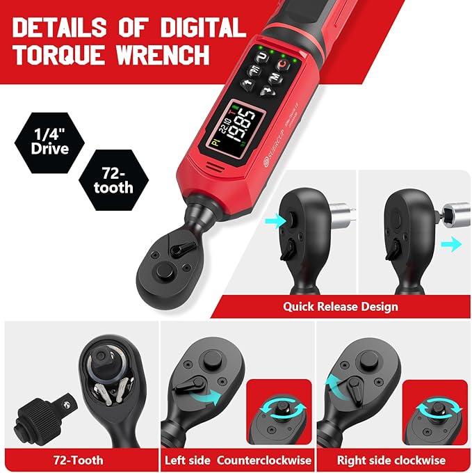 1/4-inch Digital Torque Wrench(0.33-22.1Ft.Lb/0.45-30N.m) ±1% Accuracy Digital Torque Wrench with Vibration, Buzzer,LED Notification and Five Units of Measure, for Bike, DIY and Home Repair