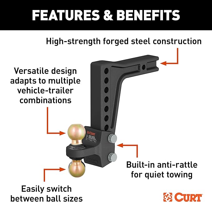 CURT 45939 HD Deep-Drop Adjustable Trailer Hitch Ball Mount with Dual Ball, 2-1/2" Shank, Up to 20,000 lbs