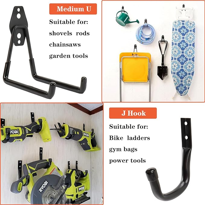 TocTen Garage Hooks, 14 Pack Garage Storage Hook Heavy Duty Solid Steel Wall Hooks, Wall Mount Garage Bike Hooks with Anti-Slip Coating Utility Hooks for Hanging Bike Ropes Garden Tools (Black)
