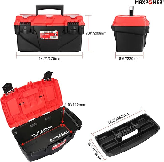 MAXPOWER Tool Box 15-Inch, Plastic Tool Boxes with Removable Tray & Dual Lock Secured For Home
