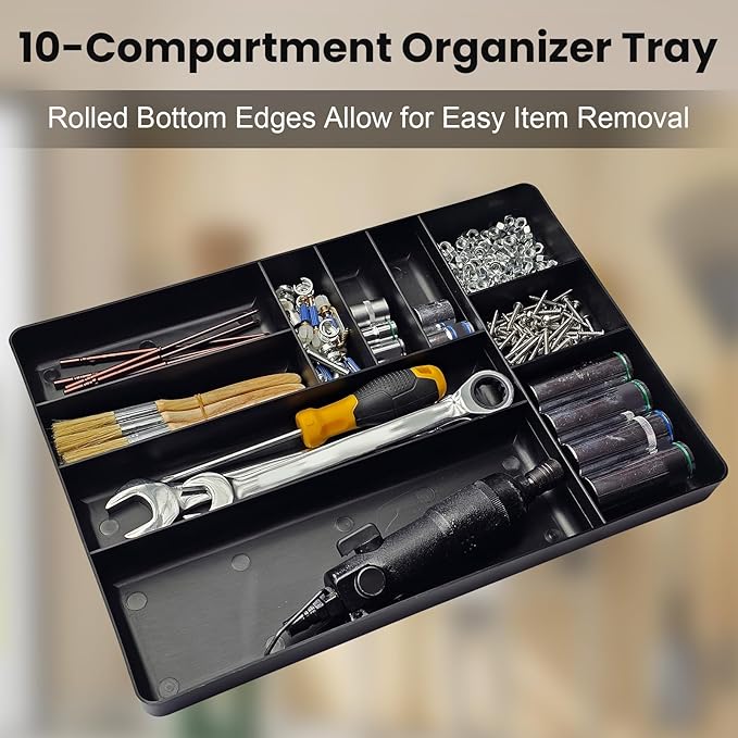 10-Compartments Tool Organizer Tray, Tool Drawer Organizer Tray, Tool Box Organizer, Stackable Toolbox Organization Holder for Small Parts, Bolts and Batteries (1, Black)