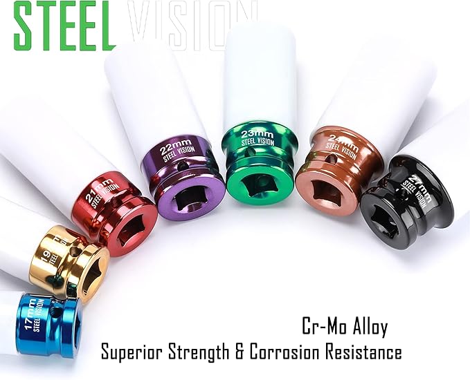 Steel Vision 1/2" Drive Lug Nut Impact Socket Set, 7 PC Metric 17, 19, 21, 22, 23, 24 & 27 mm，Cr-Mo Alloy Wheel Socket Set, Color-Coded Deep Lug Nut Impact Socket Set