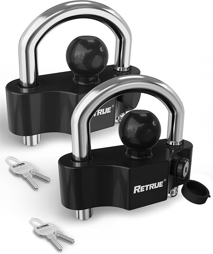 RETRUE Universal Coupler Lock Trailer Locks Ball Hitch Trailer Hitch Lock Adjustable Security Heavy-Duty Steel Fits 1-7/8 Inch, 2 Inch, 2-5/16 Inch Couplers (Black & Silver, Pack of 2)
