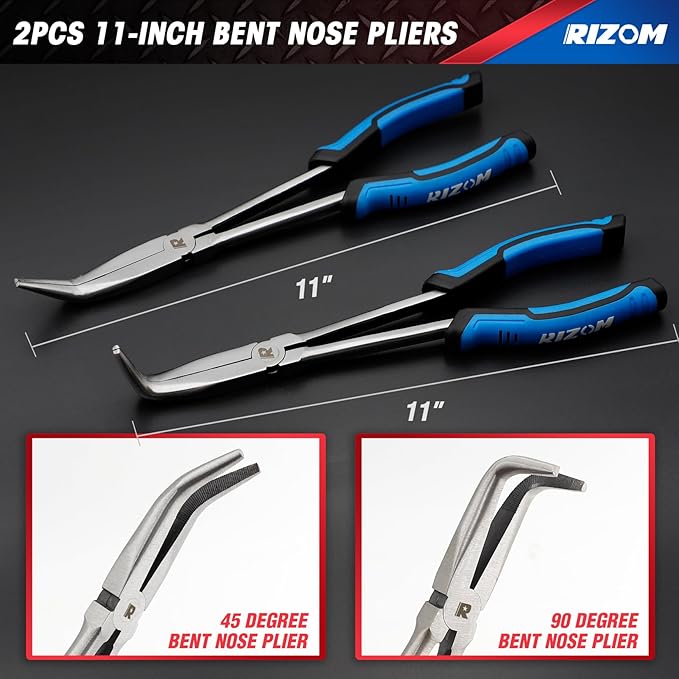Rizom 3-Piece Long Reach Pliers Set, 13 Inch Double Jointed Long Needle Nose Pliers, 11 Inch 45° & 90° Bent Nose Pliers for Narrow Spaces and Limited Areas