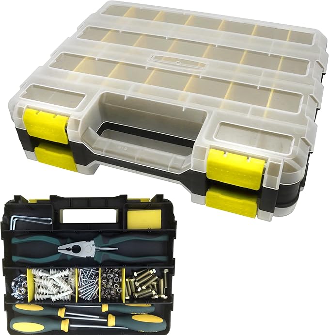 Double Side Tool Box Organizer, Hardware Storage Box, Portable Small Parts Organizer with Removable Plastic Dividers for Screws, Nuts, Nails, Bolts, Yellow