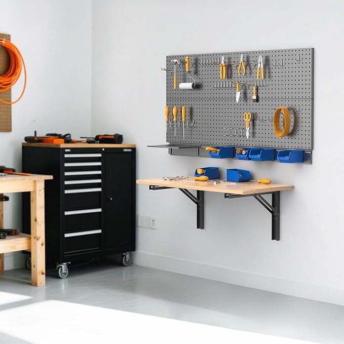 WALMANN Space Saving Wall Mounted Folding Workbench, Heavy Duty Folding Wall Table/Desk for Garage, Workshop, Holds Up to 150 lbs(Tabletop Size: 31.5 x 15.75 inch)