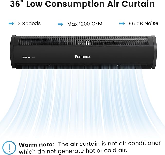 Fanspex 36" Wall Mounted Air Curtain, 2-Speed Commercial Over Door Fan for Home Garage Shop Restaurant, 120W Low Consumption with Magnetic Door Switch (Black)