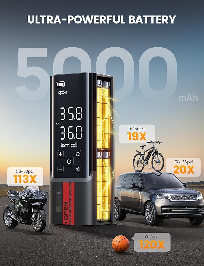 Lamicall Portable Car Tire Inflator - Air Compressor [150 PSI] [4X Faster] Cordless Car Air Pump Rechargeable, Pressure Gauge Display, LED Light, for Cars, Motorcycles, Bike, Wheels Accessories Gifts