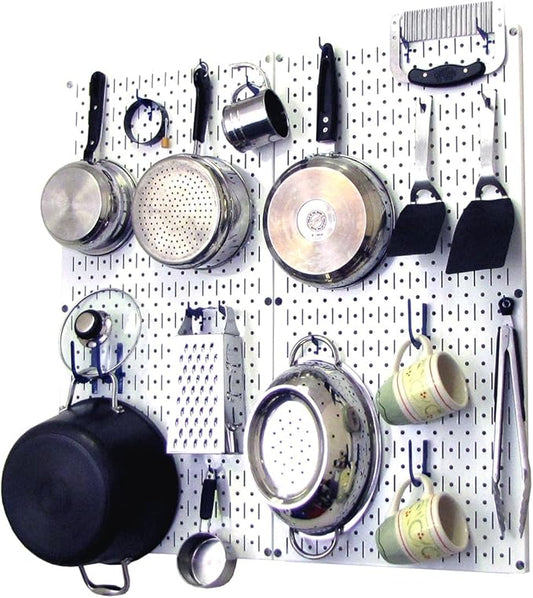 Wall Control Kitchen Pegboard Organizer Pots and Pans Storage Rack Organization Kit with White Pegboard and Blue Accessories