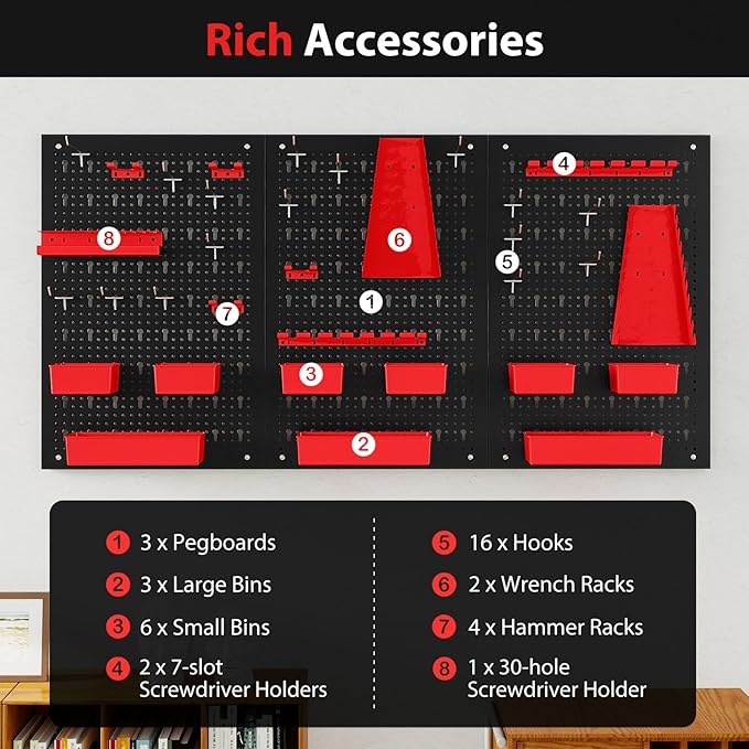 Goplus Pegboard Wall Organizer, 9-Bin Parts Rack Organizer w/Hammer Racks, Tool Holders & Hooks, Heavy-Duty Utility Tool Storage Board w/Accessories for Garage, Workshop, Craft Room