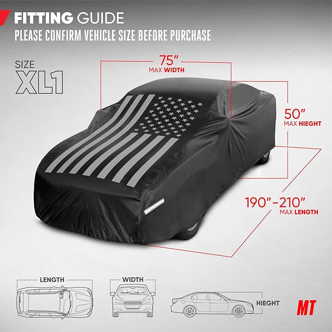 Motor Trend Black USA Flag Waterproof Car Cover - All Weather Outdoor Protection, UV Resistant, Windproof, Scratchproof - Semi-Universal Fit Sedan Full Car Cover for Sun Rain Snow (191”- 210” Length)