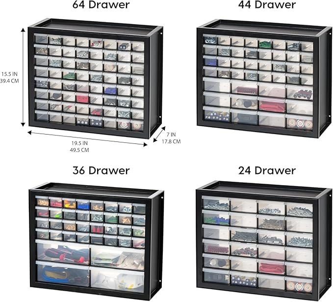 IRIS USA Plastic Storage Drawers, Made in USA, 24-Drawer Small Parts Organizer, Stackable Teacher Toolbox for Hardware, Screws, Nuts & Bolts, Stickers, Beads, Building Bricks, Garage Storage – Black
