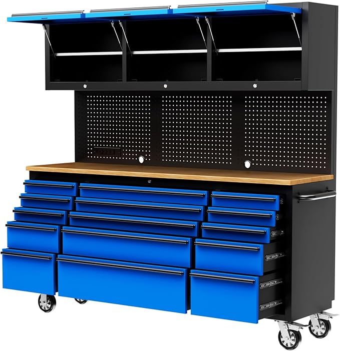 CHETTO C 72-Inch Tool Chest with Wheel Lock 15 Storage Drawers 3 Upper Cabinet Pegboard with Power Outlet for Large Warehouse Garage Toolbox