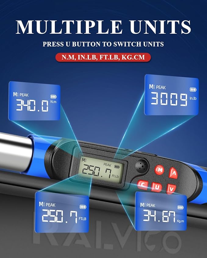 1/2 Digital Torque Wrench (12.54-250.7 Ft. Lb/ 17-340 N.m) ±2% Accuracy with Track Mode Torque Wrench Digital with Vibration, Buzzer and LED Alert for Car,Motorcycle Repair, DIY