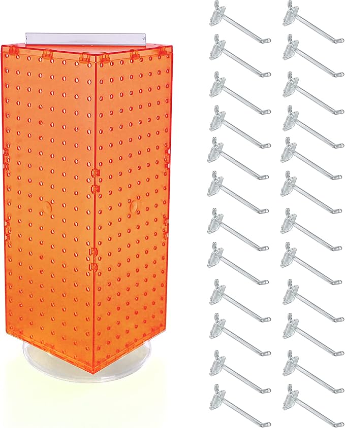 Azar Displays 703385-ORG-4C24, Four-Sided Revolving 8" W x 20" H Pegboard Counter Display w/ 24 Hooks- 4” Length, Orange