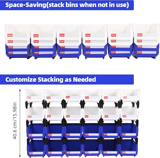 Stackable Parts Organizer 24 Pack (5x4x3 Inch), Small Parts Bins Wall Mounted Hanging Storage Bins for Screw, Hardware, Garage, Workbench & Office (Blue & White)