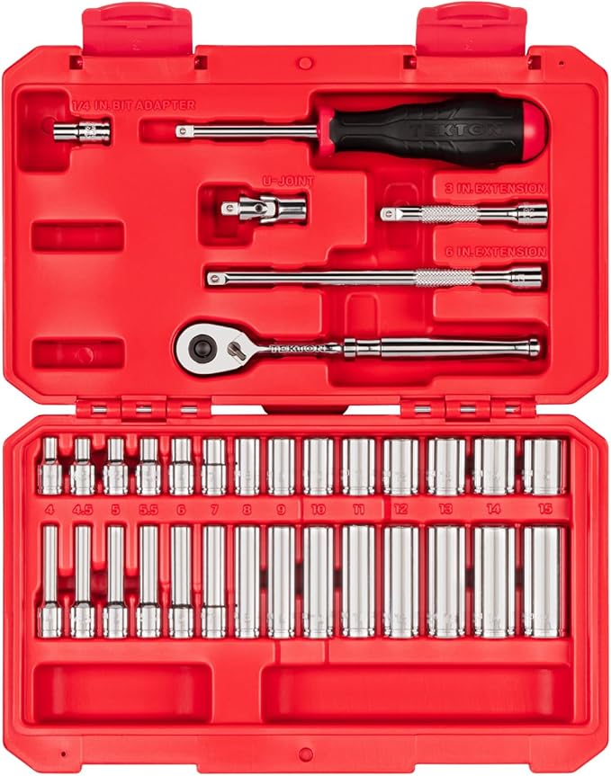 TEKTON 1/4 Inch Drive 6-Point Socket and Ratchet Set with Case, 34-Piece (4-15 mm) | SKT05202