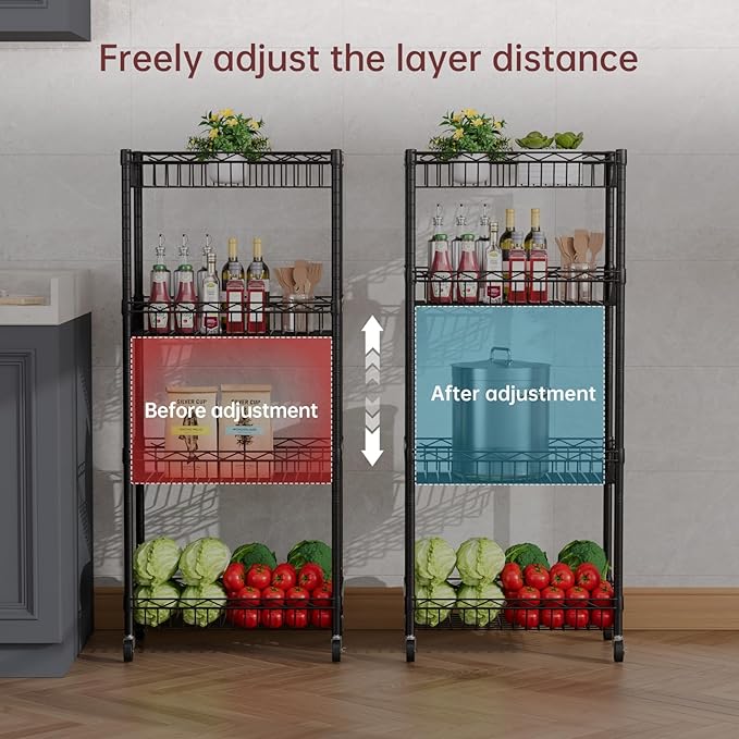 Golpart 4 Tier Shelf Wire Shelving Unit Adjustable Storage Shelves Big Basket Rack Standing Units for Kitchen Closet Laundry Bathroom Organizers Metal Pantry Mesh 10" D x 16" W x 55" H Black