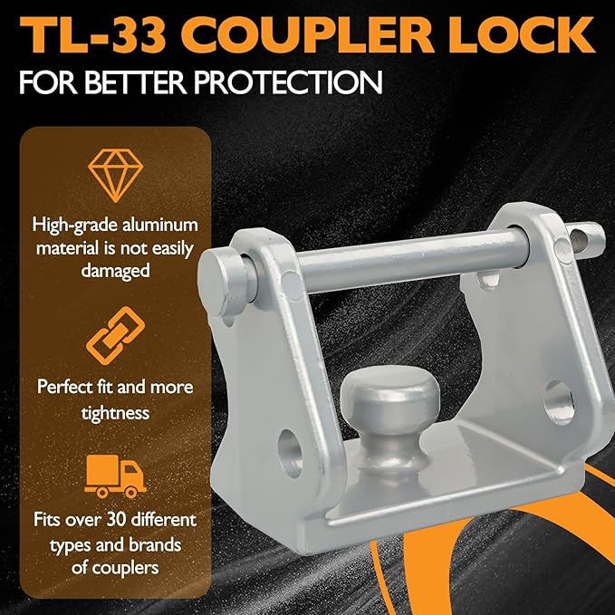 HQPASFY Trailer Hitch Lock, Trailer Coupler Lock with Pin, Coupler Lock Model Tl-33 Trailer Lock,Fits Over 2" to 2-5/16" - Silver