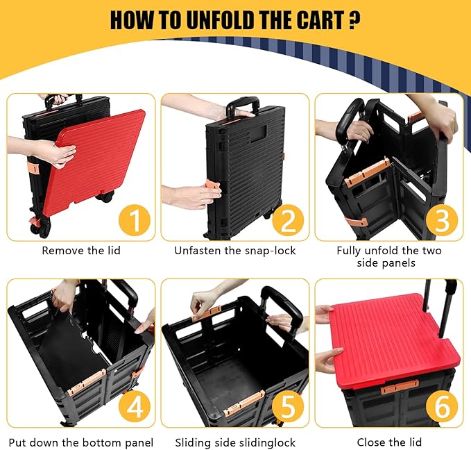 SELORSS Foldable Utility Cart Rolling Crate Handcart 110lbs Large Capacity Shopping Cart with 360°Rotate Noiseless Wheels & Telescoping Handle for Transports Groceries Office School Use（Red）